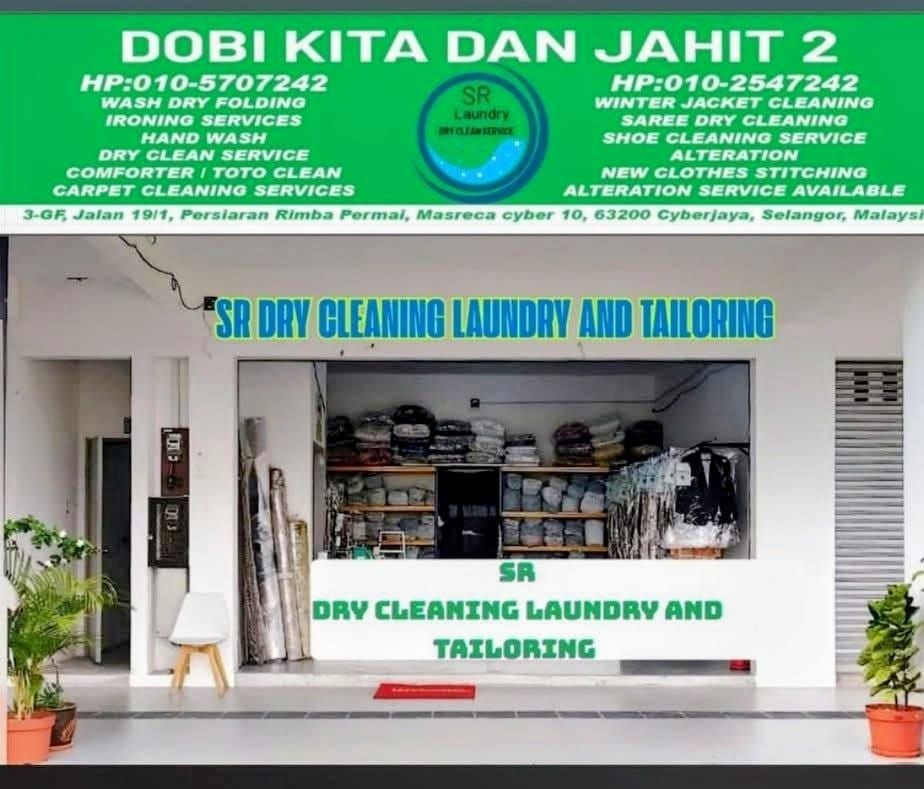 SR Dry Cleaning Laundry and Tailoring signboard and shop interior